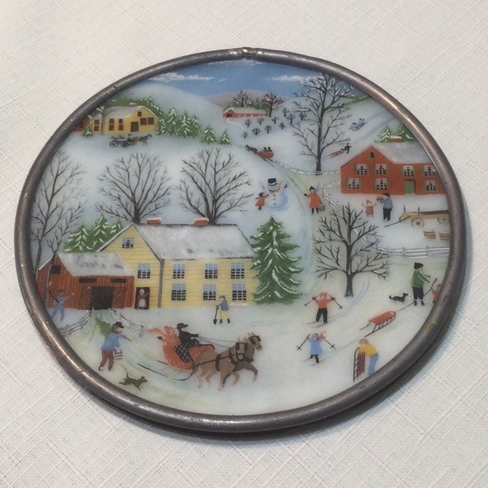 Hand Painted Stained Glass Winter Scene w/ Hanger​